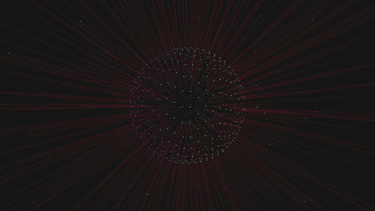 An abstract circular image composed of pixelated lines with various colored dots, predominantly red and blue. The design showcases a digital and intricate visual pattern