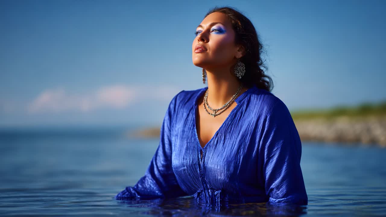 Un momento sereno catturato nella natura, che mostra una donna sicura di sé che si gode la tranquillità dell'acqua e del cielo in un vivace abito blu, irradiando bellezza e pace