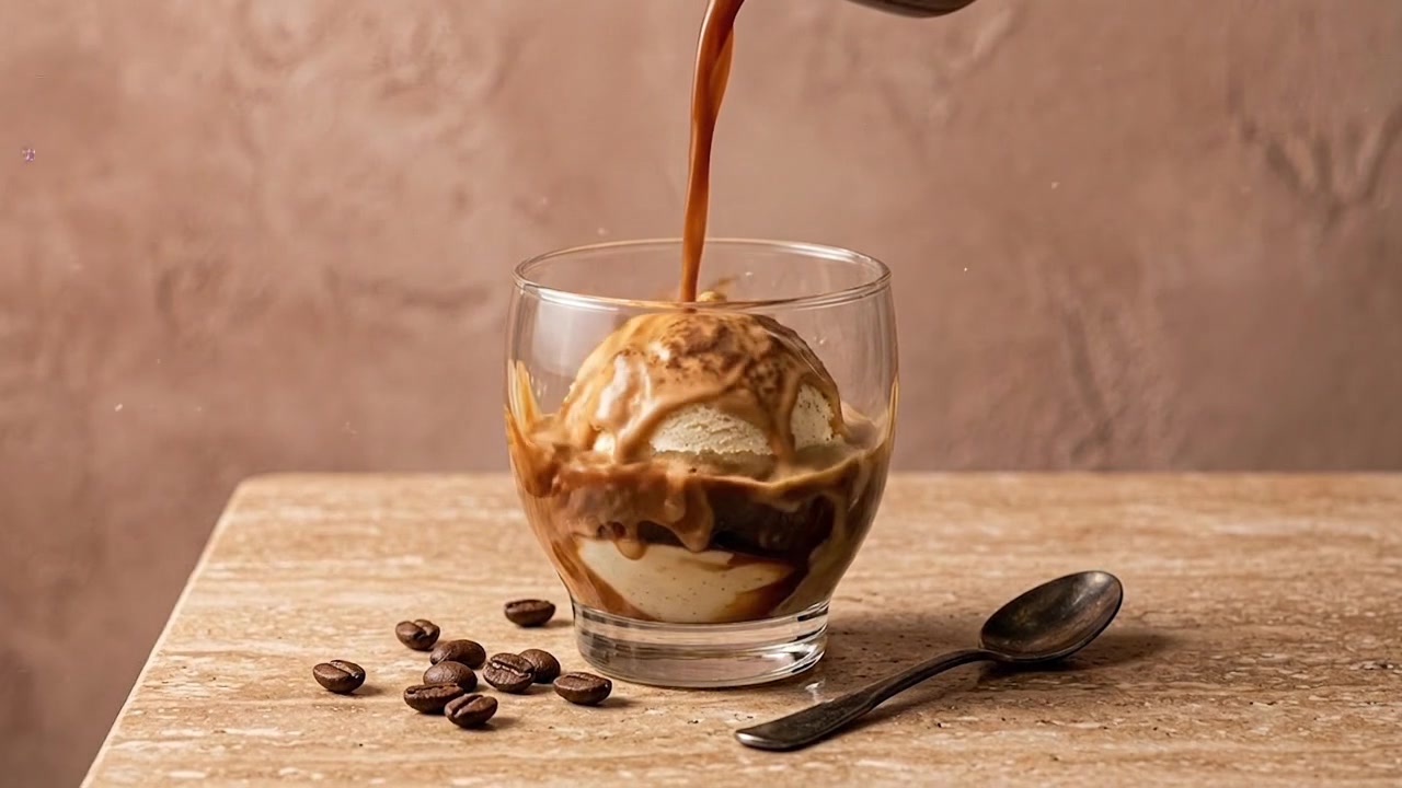 Espresso caliente vertiéndose sobre helado de vainilla para Affogato