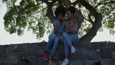 Two-mixed-race-women-taking-picture-in-park