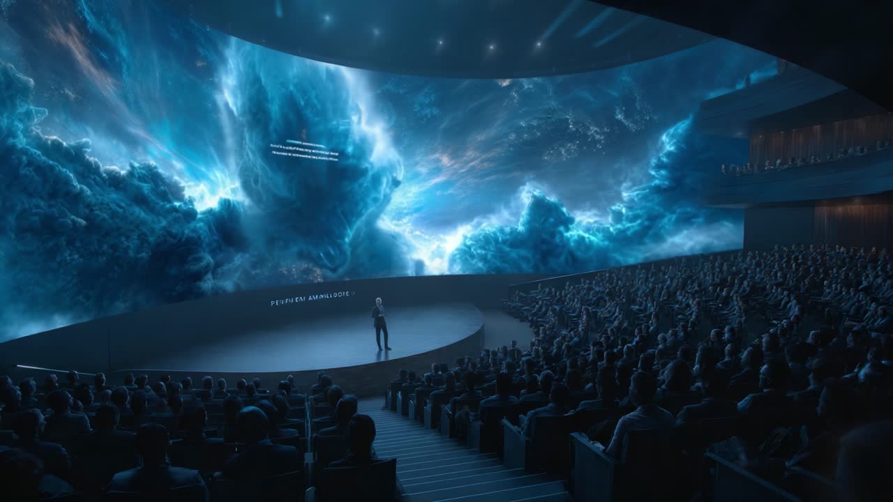 A breathtaking visual presentation unfolds in a futuristic amphitheater where an awe-inspiring display of cosmic phenomena captivates a vast audience, merging technology and artistry in a mesmerizing spectacle