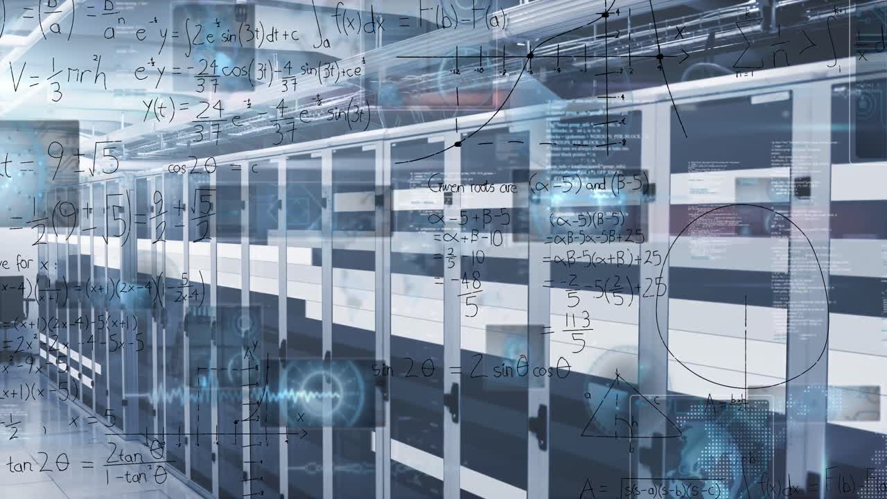 Animation of scopes scanning and mathematical equations over computer servers