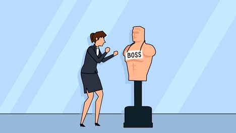 flat cartoon businesswoman character boxing with boss doll animation