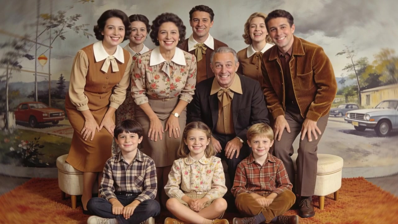 Resmi poz vermekten uzaklaşan aile, 1970'ler kıyafetleri ve turuncu tüylü halı ile fotoğraf için kameraya doğru eğiliyor.