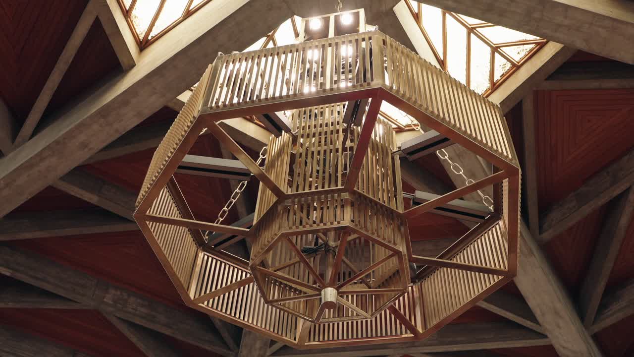 octagonal wood chandelier with slatted design hanging under architectural beams