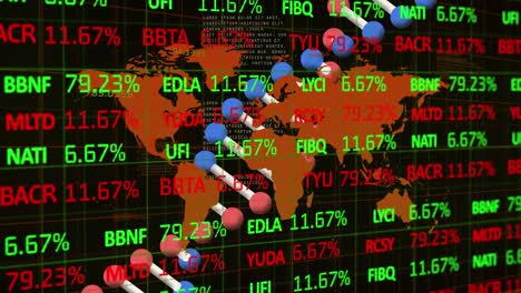 Animation-of-financial-stock-interface,-over-world-map-and-dna-strand