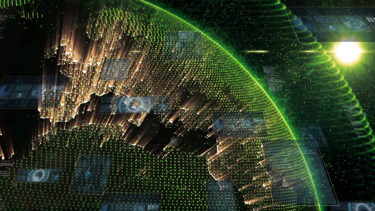 Glowing green and gold data points forming continents on digital animation globe