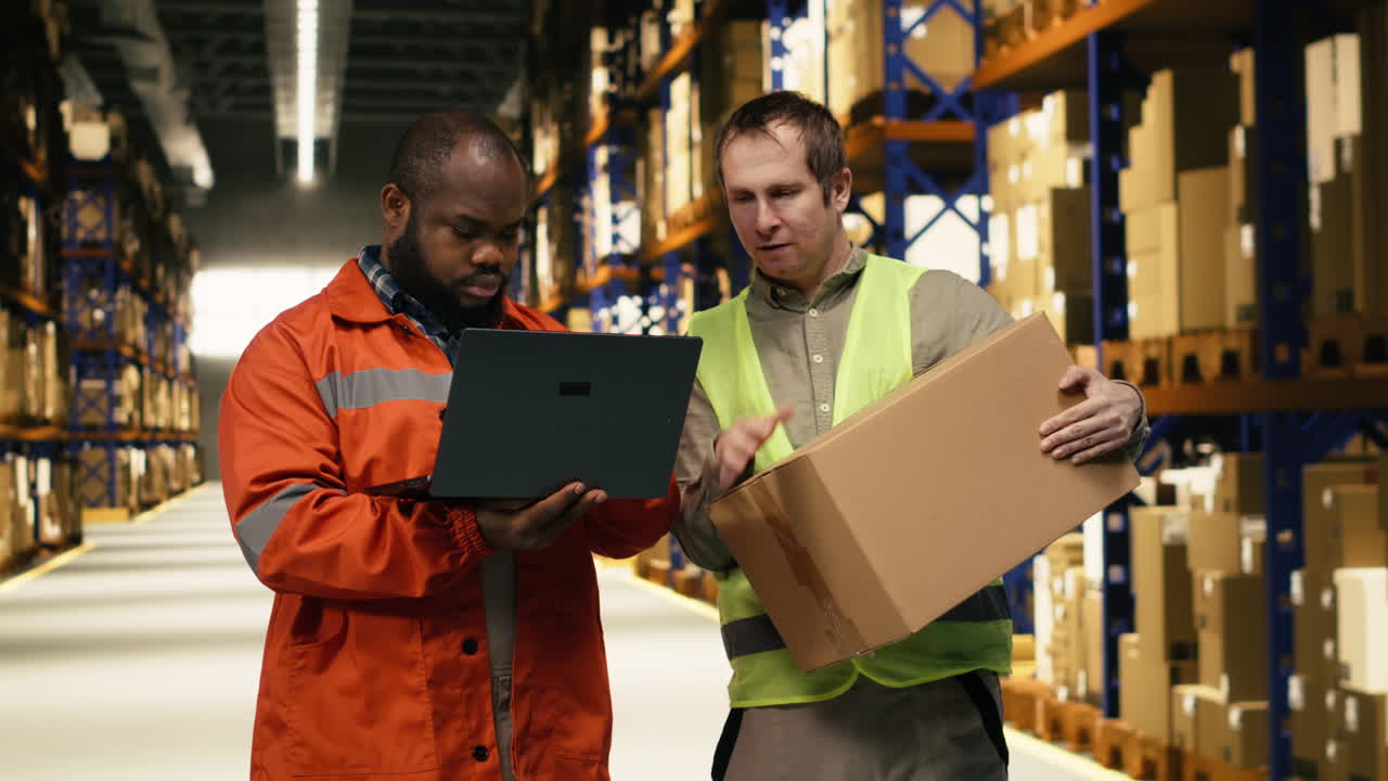 Twee magazijnmedewerkers die pallets en pakketten organiseren met een laptop