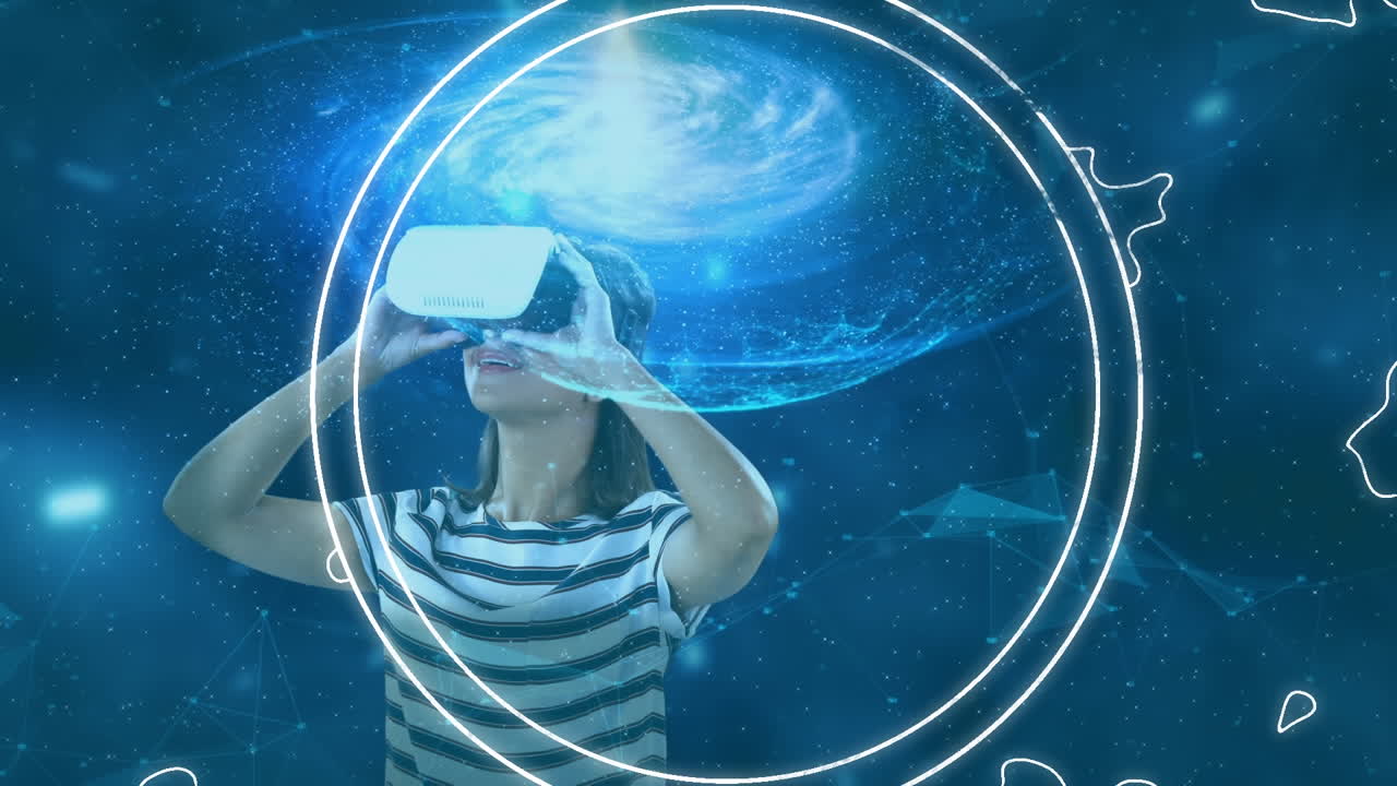 animazione di cerchio bianco e linee di contorno che si muovono sopra la donna che indossa auricolari vr e luce blu