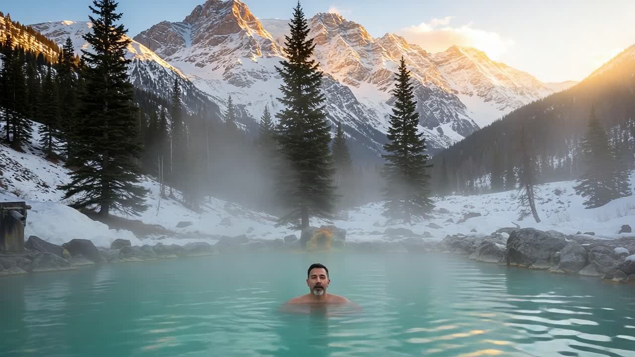 A serene retreat in a natural hot spring surrounded by majestic snow-capped mountains and evergreen trees, creating a perfect escape into nature's beauty