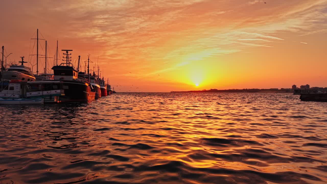 Sunset over the harbor in Nesebar, Bulgaria with colorful sky