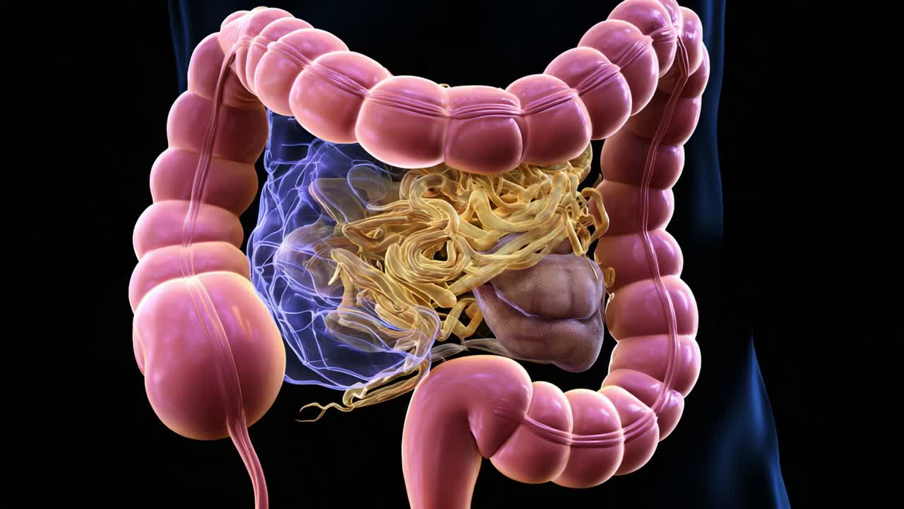 Anatomical Visualization of the Human Digestive System: Detailed Representation of the Large Intestine and Associated Structures Rendered in a 3D Model, Highlighting the Complexities of Intestinal Anatomy