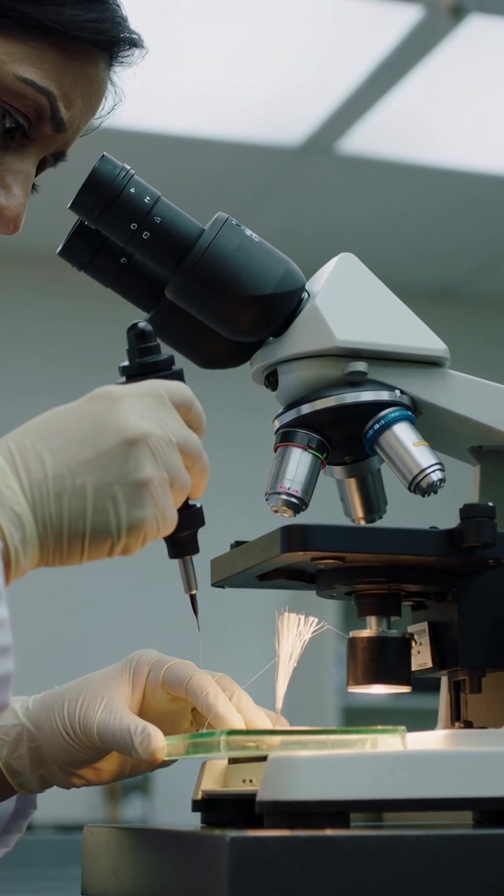 Vertical video: Bringing tool, tech in lab coat, latex gloves heating fibers at scope, fusing tips