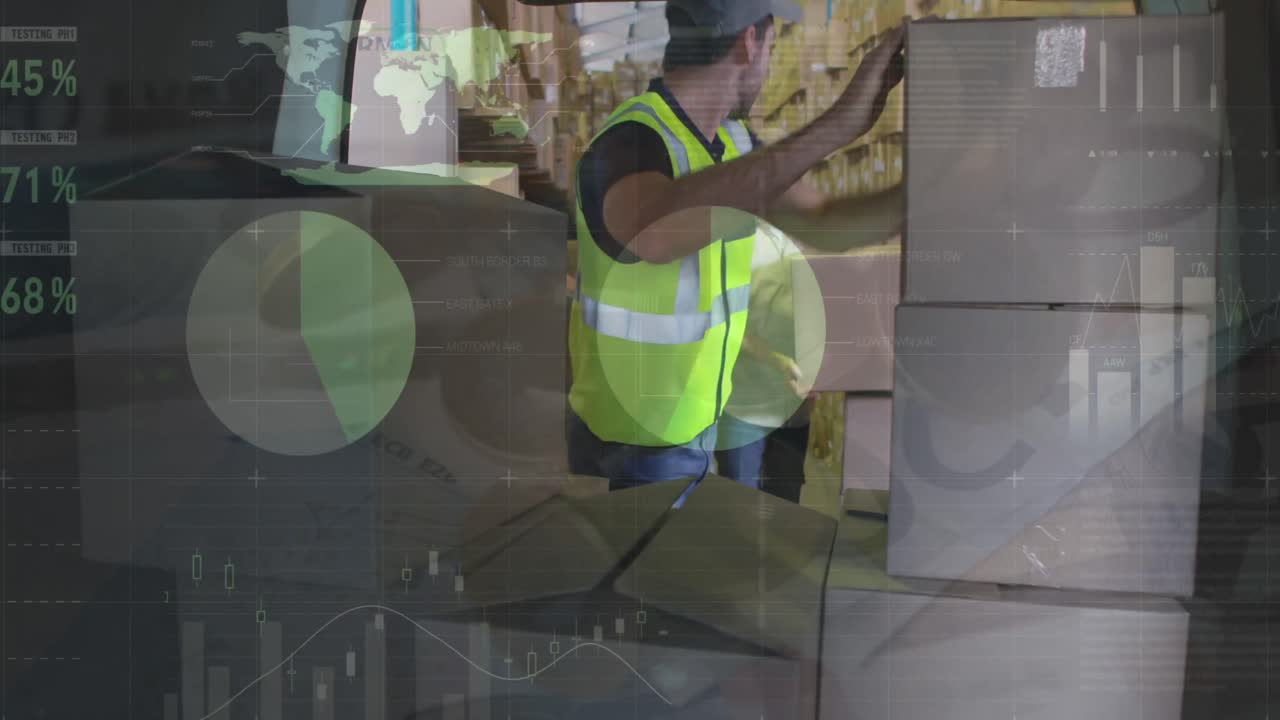 animación del procesamiento de datos sobre caucásico mensajero cajas de embalaje