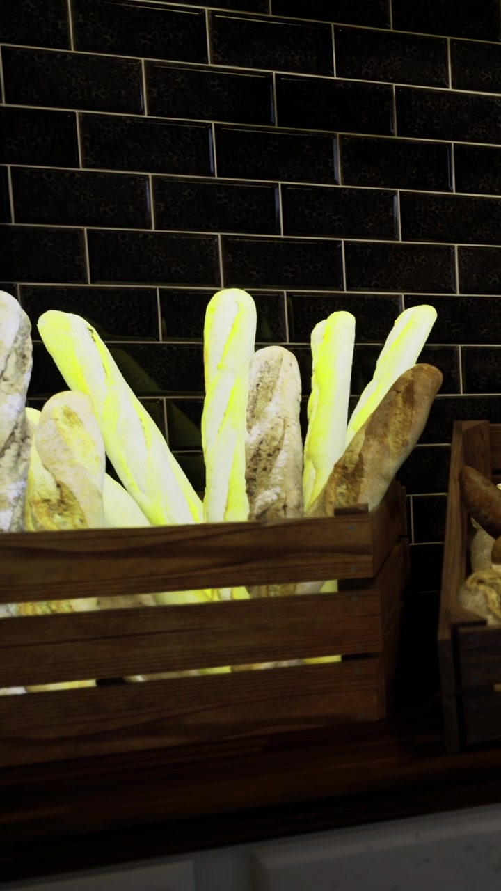 Baguette appena sfornate in una cassa di legno rustica sotto un'illuminazione soffusa