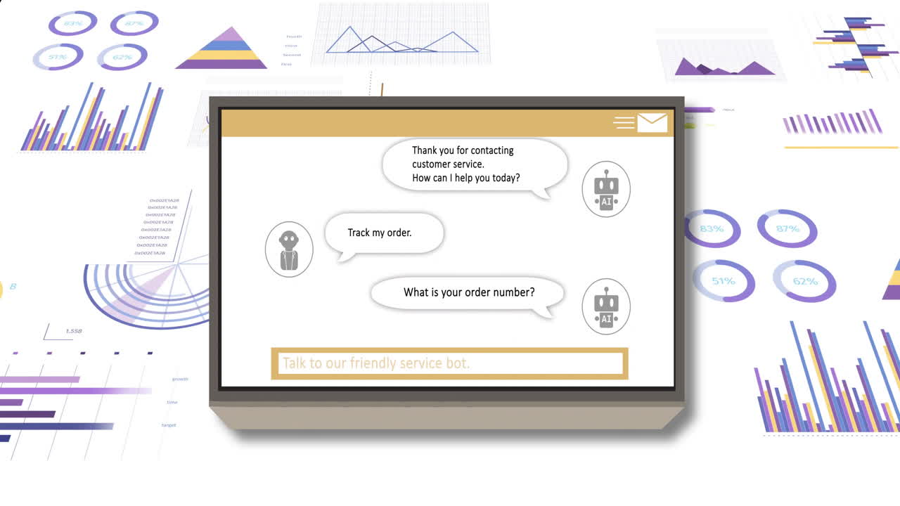 animación de texto ai, chat bot y procesamiento de datos en la pantalla de la computadora