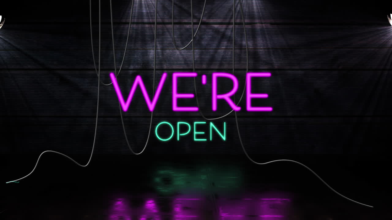 Animation of we're text in pink and blue neon letters on black background