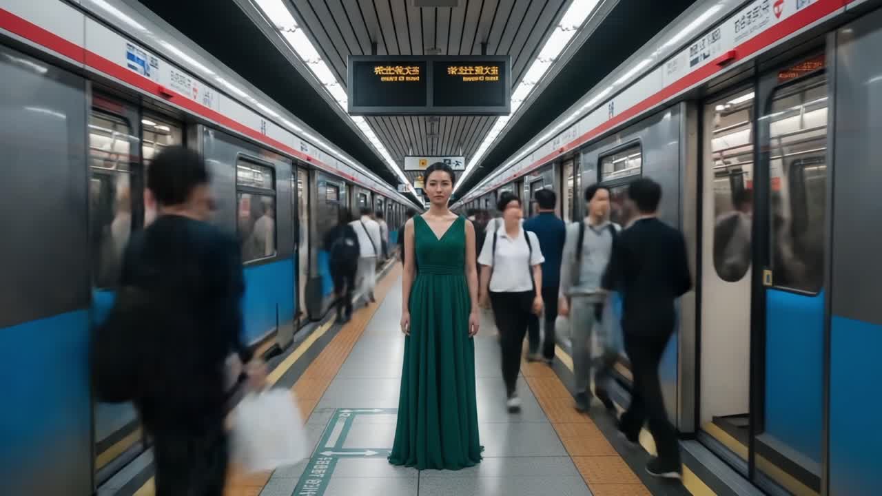 A Poised Presence: Elegantly Dressed Individual Stands Amidst the Hustle of a Busy Subway Station, Capturing Attention in a Sea of Motion