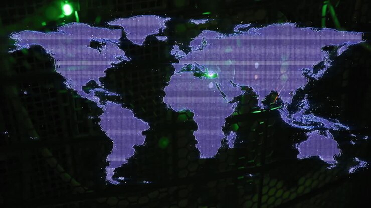 Animation of interference over world map and server room