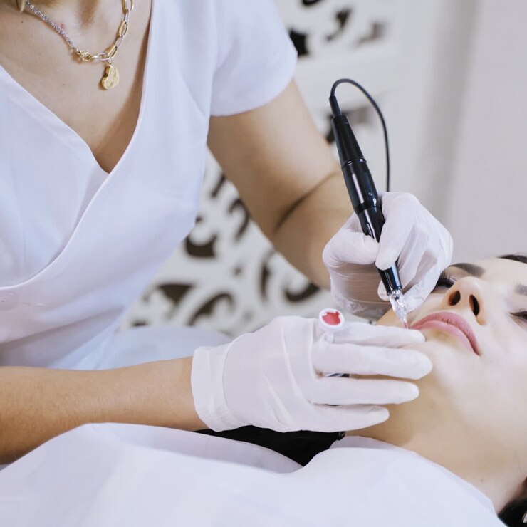 A gorgeous woman with black hair on the procedure of permanent makeup in the center of cosmetology. A master puts a pink pigment in the area of the client's lips. Close-up.