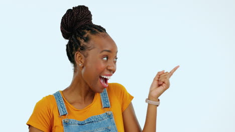 Excited-face,-smile-and-black-woman-point
