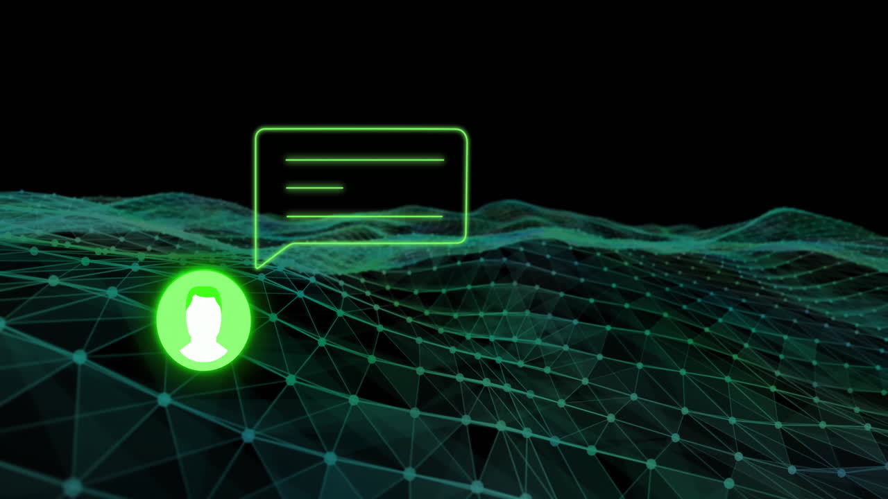 Animation of glowing green digital communication icon over grid landscape in school