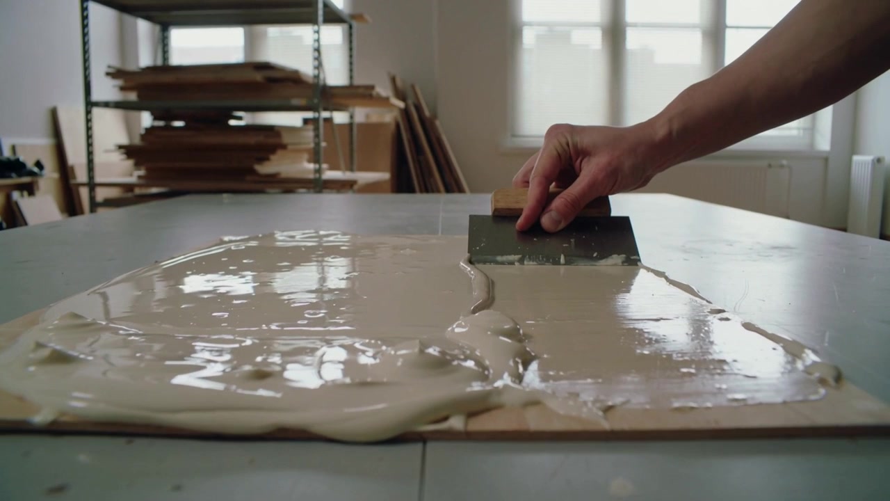 Entering right hand bare forearm pressing trowel into beige compound on workbench, smoothing panel