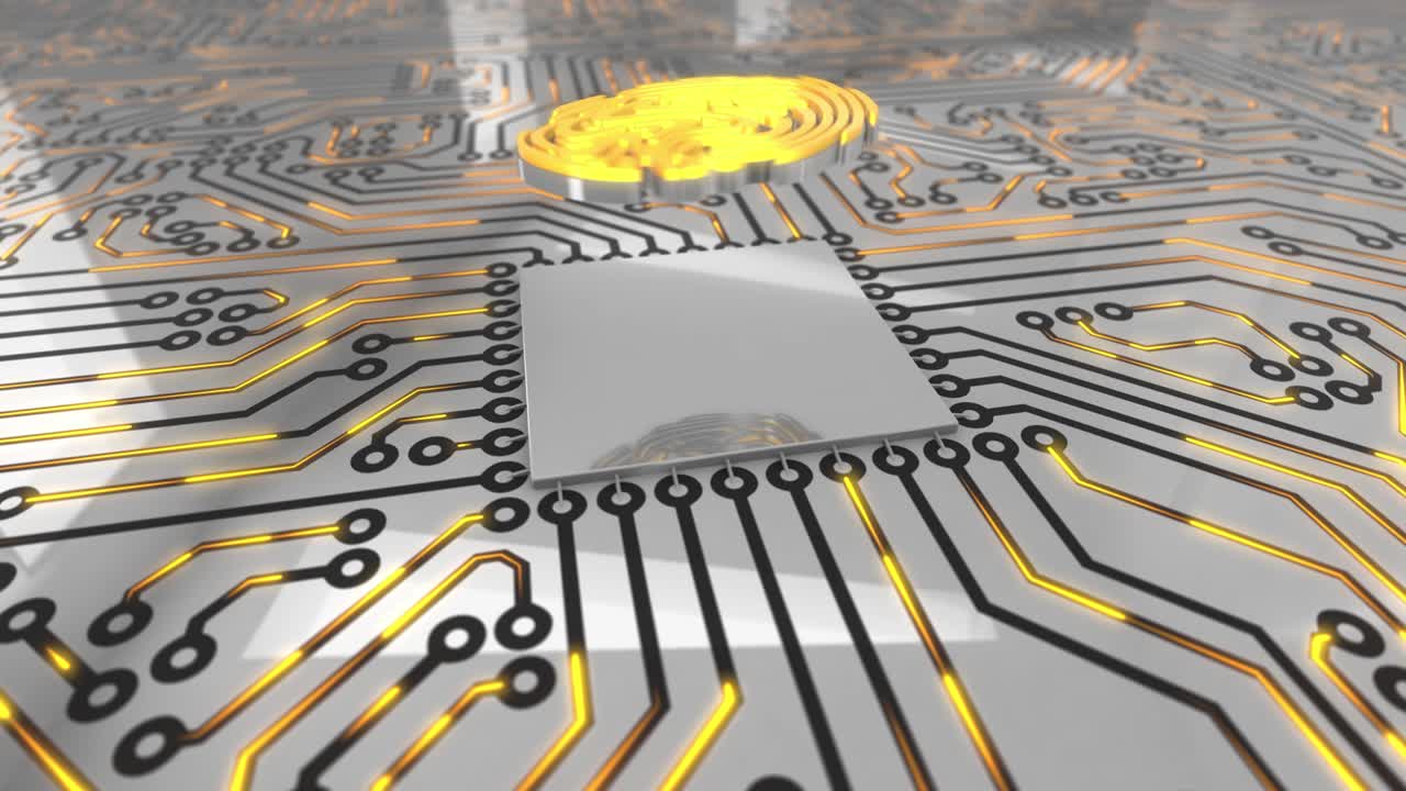 el concepto de la placa de circuitos giratorios de computadora de color naranja brillante es el bucle de huellas dactilares 4k.