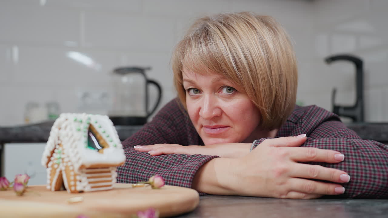 хранитель прислонился к столу, глядя на красиво украшенный дом из имбирного хлеба с теплой улыбкой, она опирается на руки, смотря на кого-то на заднем плане