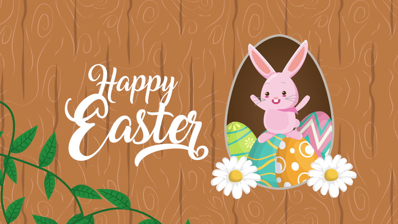 토끼와 꽃 장식과 함께 행복한 부활절 애니메이션 카드