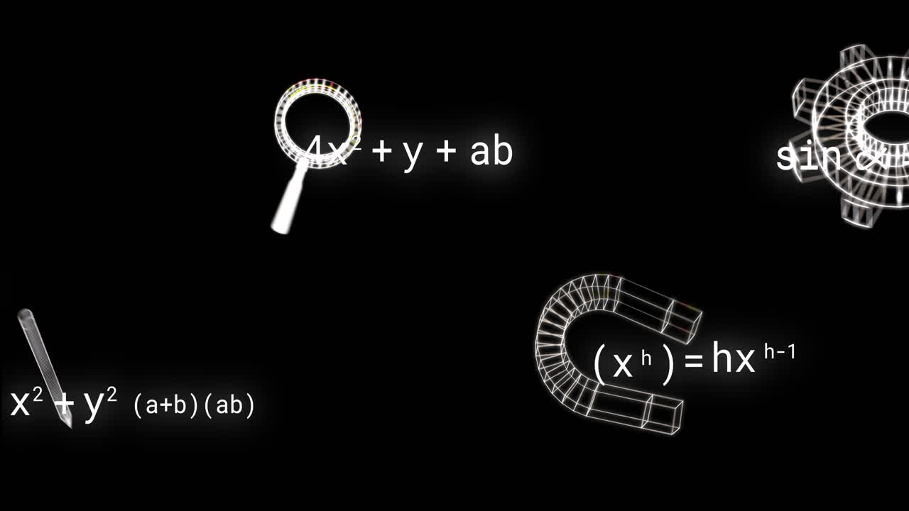 animación de iconos sobre ecuaciones matemáticas en fondo negro