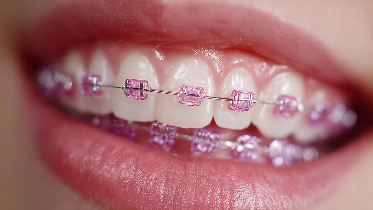 Close-Up of a Bright Smile Featuring Pink Braces, Highlighting Teeth Alignment and Dental Aesthetics in Two Distinct Frames