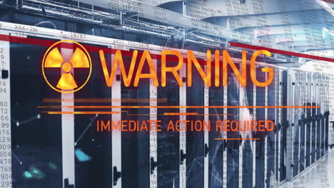 animación de un cartel de texto de advertencia con un símbolo radiactivo contra la sala del servidor informático