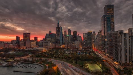 chicago sunset hyperlapse aerial with lake shore drive and millennium park