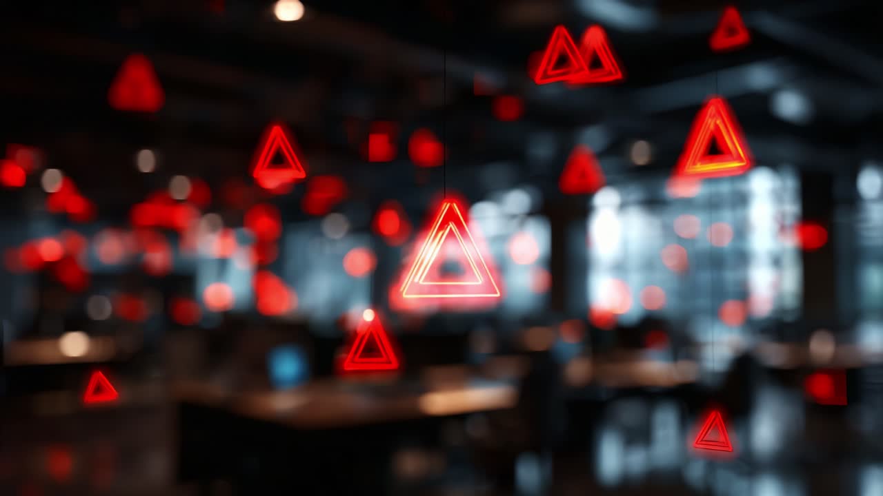 A Captivating Display of Red Triangular Shapes in a Modern Workspace Setting, Creating a Vivid Contrast Against a Blurred Background with Artistic Illumination Effects