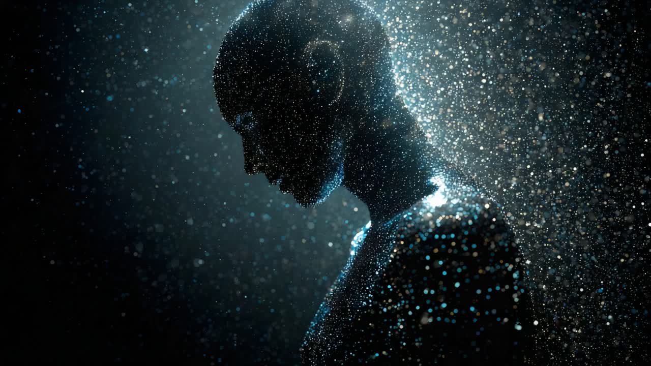 Futuristic humanoid silhouette made of glowing particles slowly disintegrating on a dark background. Metaphor for artificial intelligence, digital identity, data, and technological singularity