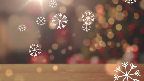 Animation-of-snowflakes-floating-over-spots-of-light-against-black-background