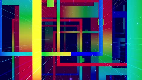 motion graphic, camera fly throungh abstract art space, multilayer structure with pattern and particles. glow rectangles, streaks and lines. rainbow gradient color. motion design vj loop. 3d structure