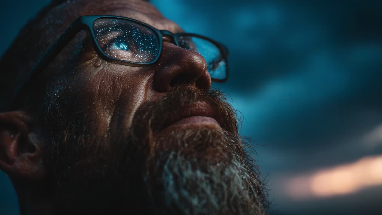 A Close-Up Exploration of a Man with Glasses, Contemplating the Beauty of Rain-Drenched Skies, Illuminated by Soft Natural Light and Dramatic Clouds
