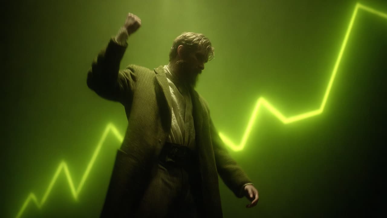 Una figura sicura di sé celebra il successo, evidenziando un andamento drammaticamente in crescita delle prestazioni con un'estetica verde sorprendente, che simboleggia la crescita e il successo.