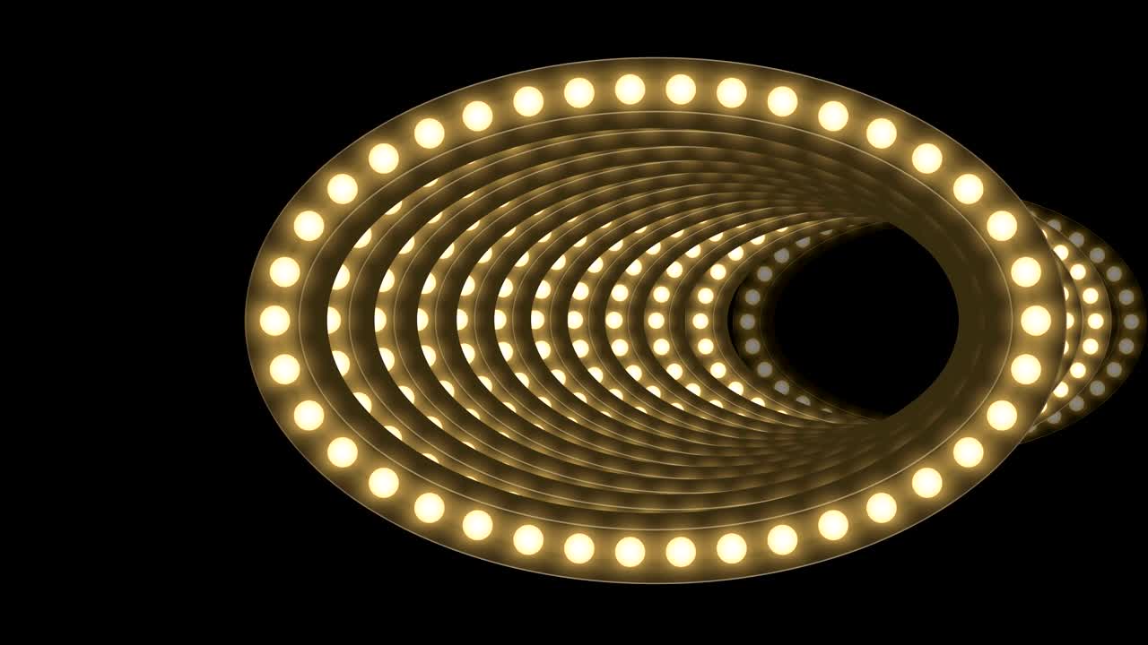 caja de bombilla incandescente de túnel marco de forma ovalada patrón móvil, estilo retro 3d ilustración de estilo virtual brillo en fondo oscuro animación de bucle sin costuras 4k, con espacio de copia
