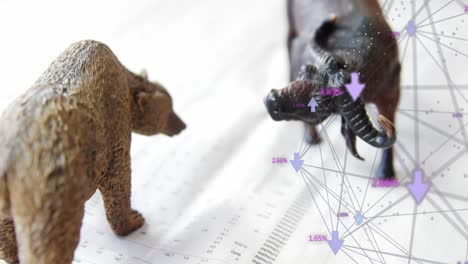 video of financial data processing over animal figurines