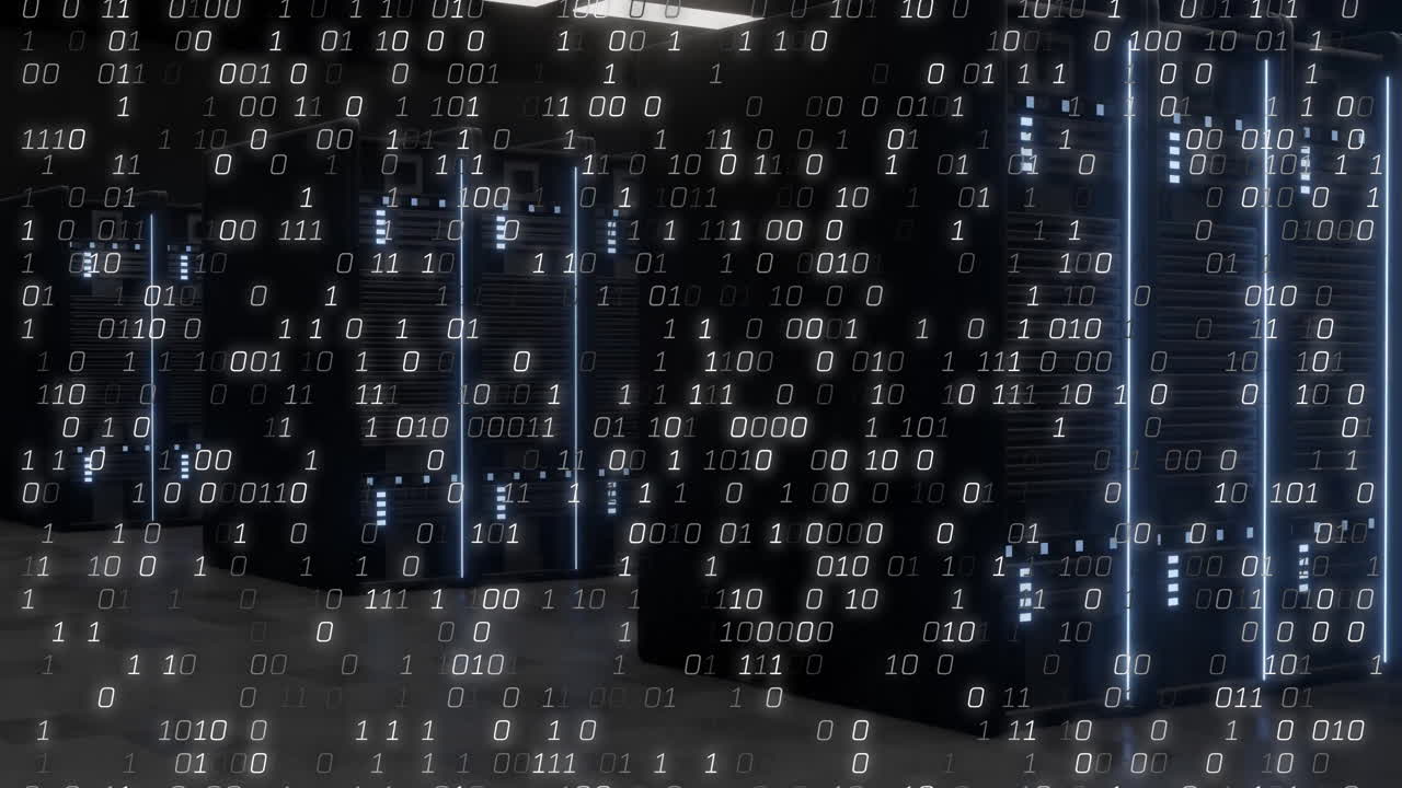 Binary code animating over servers in data center environment, showcasing technology