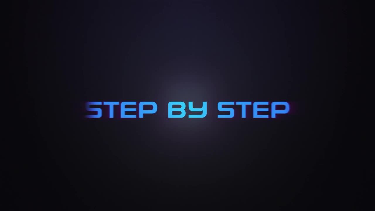 Glowing explosion STEP BY STEP text reveal blue and pink