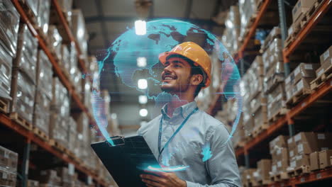 man in hard hat with holographic globe in warehouse representing global logistics and technology