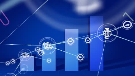 animation of network of icons and changing numbers and alphabets over statistical data processing