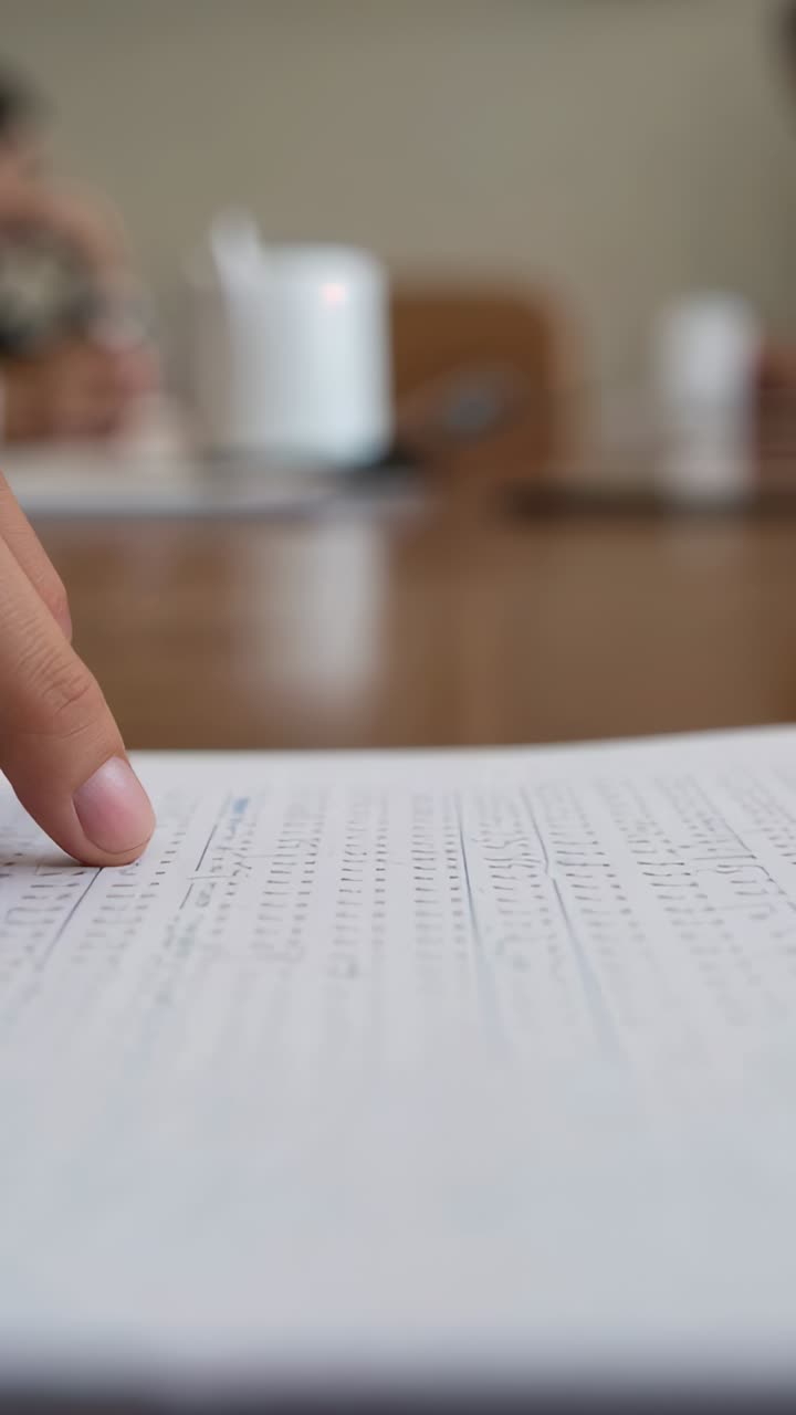 Vertical video: Person's index finger tracking printed rows on wooden table, prompted by sheet