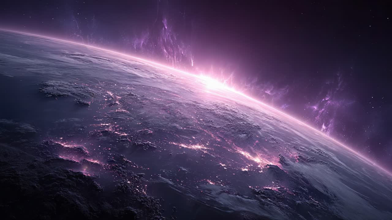 A Stunning View of Earth from Space During Twilight Hours, Showcasing a Vibrant Purple Glow, Beautiful City Lights, and the Calmness of the Celestial Landscape