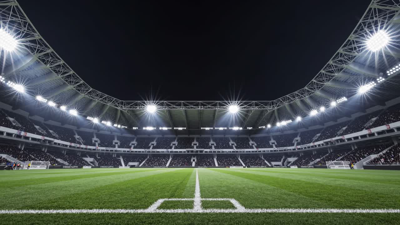 Powerful stadium lights illuminating green soccer field, revealing empty arena's architectural design and dark, silent perspective at nighttime