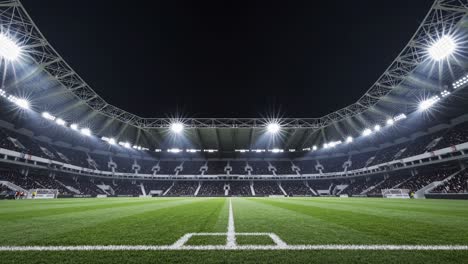 powerful stadium lights illuminating green soccer field, revealing empty arena's architectural design and dark, silent perspective at nighttime